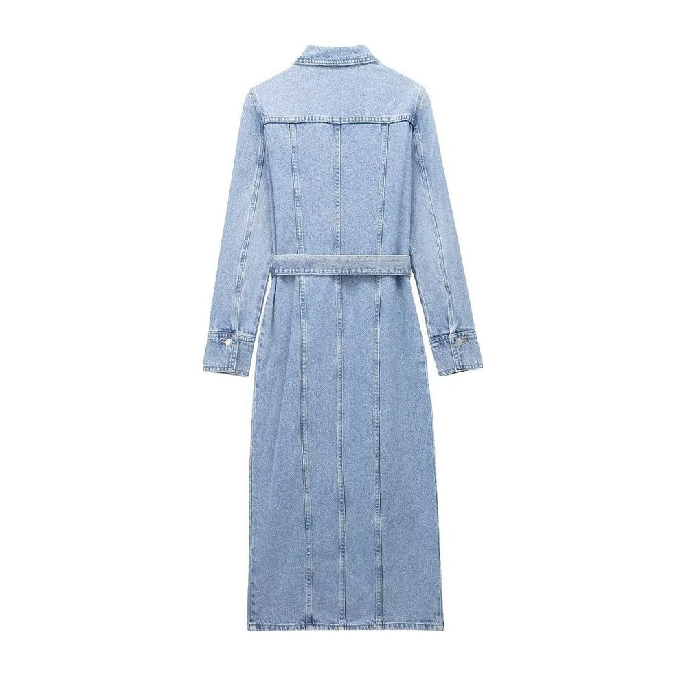 Elegant Notched Collar Long-Sleeve Distressed Denim Belted Dress For Women