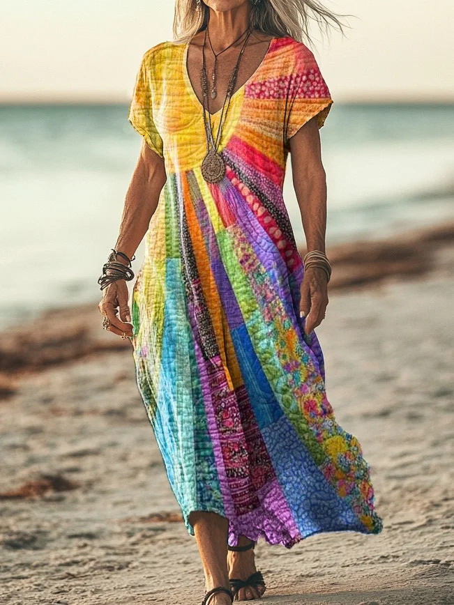 Womens Floral V-Neck Short-Sleeve Dress