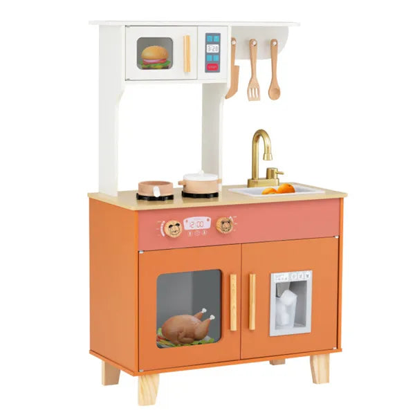 Orange Kids Play Kitchen With Realistic Faucet & Ice Dispenser, Anti-Tipping Pretend Cooking Set For Ages 3-6