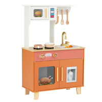 Orange Kids Play Kitchen With Realistic Faucet & Ice Dispenser, Anti-Tipping Pretend Cooking Set For Ages 3-6