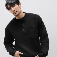 Men's Heavyweight Henley Collar Jacquard Thick Sweater