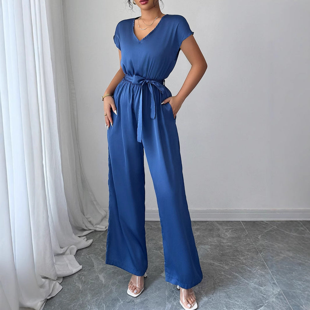 Women's High-Waist Wide-Leg Deep V Jumpsuit