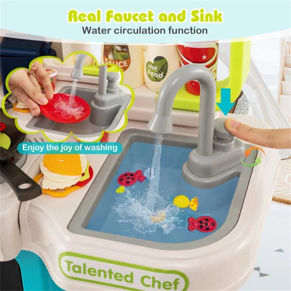 Blue Kids Corner Play Kitchen With Realistic Sounds, Lights & Steam, 95PCS Accessories Pretend Cooking Set For Ages 3+