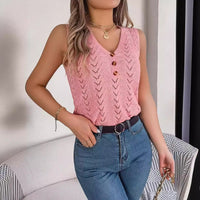 Buttoned V-neck Hollow-out Sleeveless Top