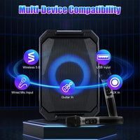 Portable Wireless Party Speaker With LED Light 2 Wireless Mics Remote Control TWS Music Accompany Mic. Priority Bass Echo Mic Treble Guitar In