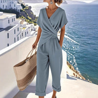 Women's Solid Color Two-Piece Summer Suit – V-Neck Top & Pants