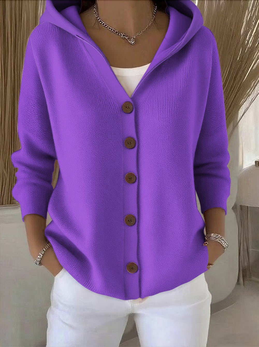 Ins Button Hooded Sweater Fashion Autumn And Winter Knitted Cardigan Casual Commuter Long Sleeve Top Women's Clothing