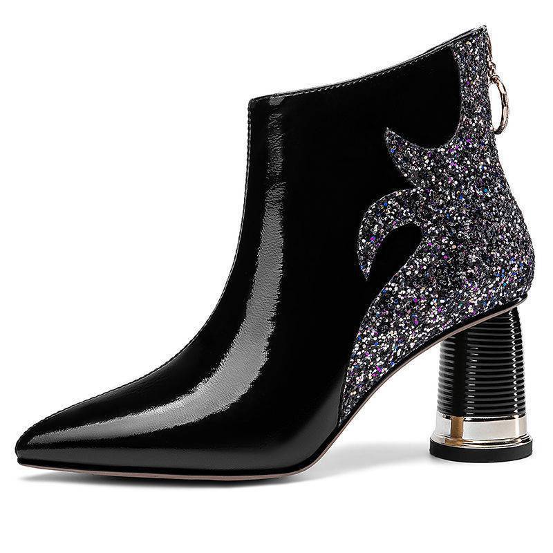 Real Soft Leather High-heeled Rhinestone Pointed Toe Boots