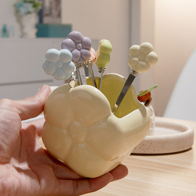 Creative SUNFLOWER Stainless Steel Fruit Fork Ceramic Storage Tank Kitchen Gadgets