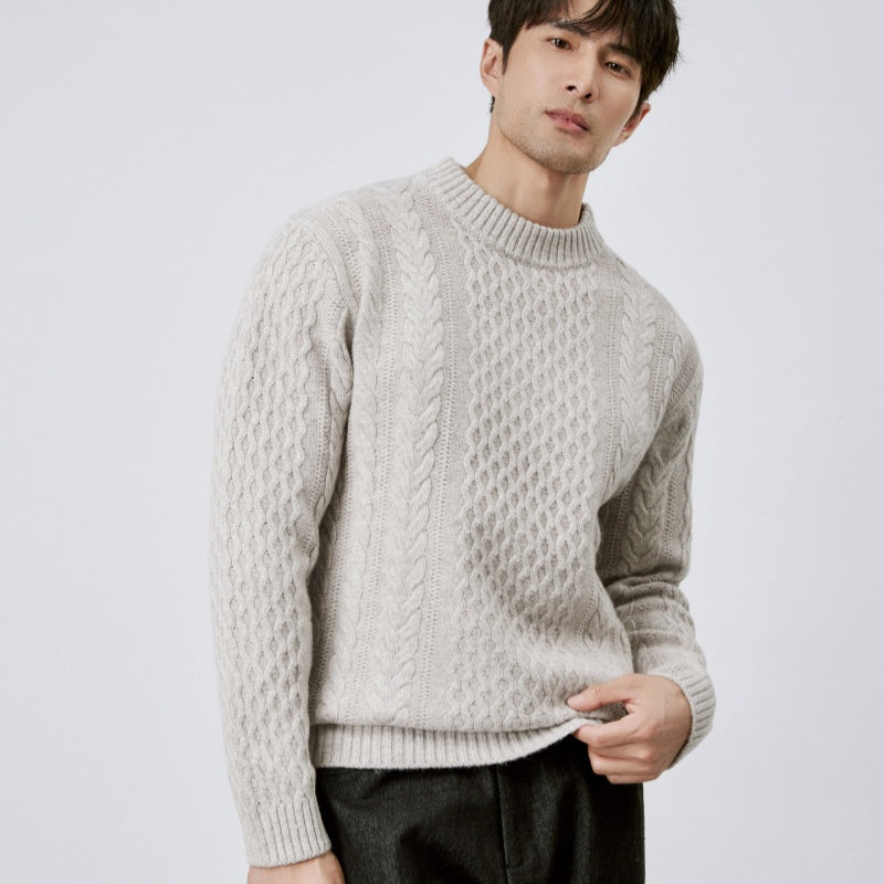 Mens Jacquard Crew-neck Knit Sweater Red Wool Sweater