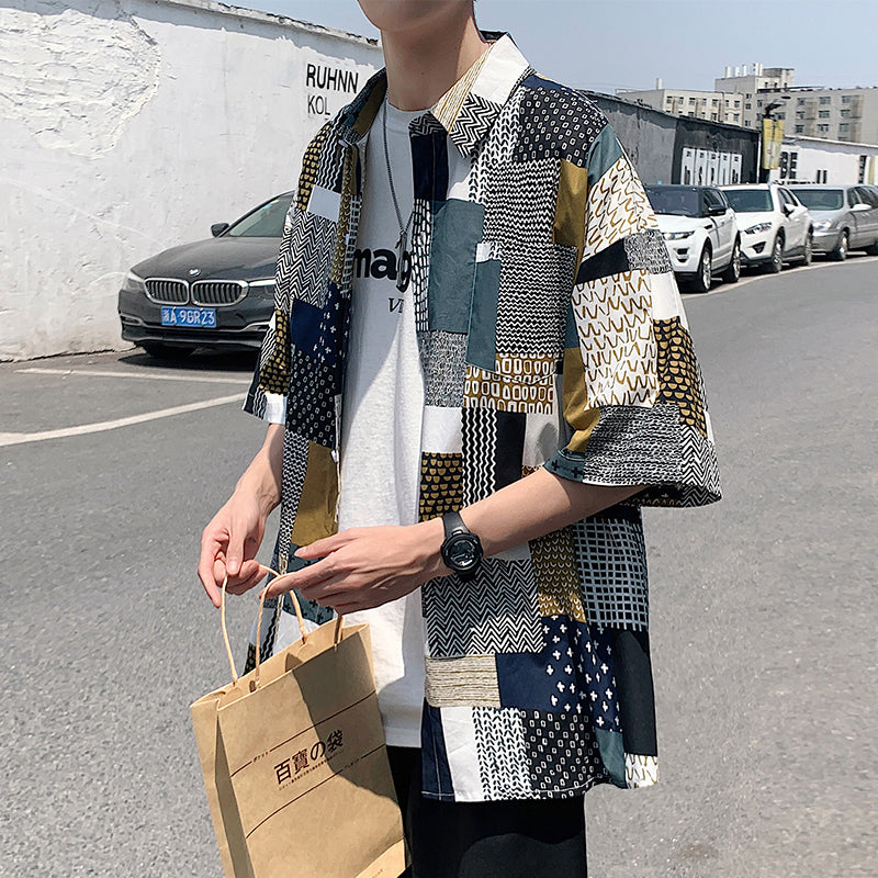 Hong Kong Style Japanese Irregular Plaid Shirt Short Sleeve Loose Jacket