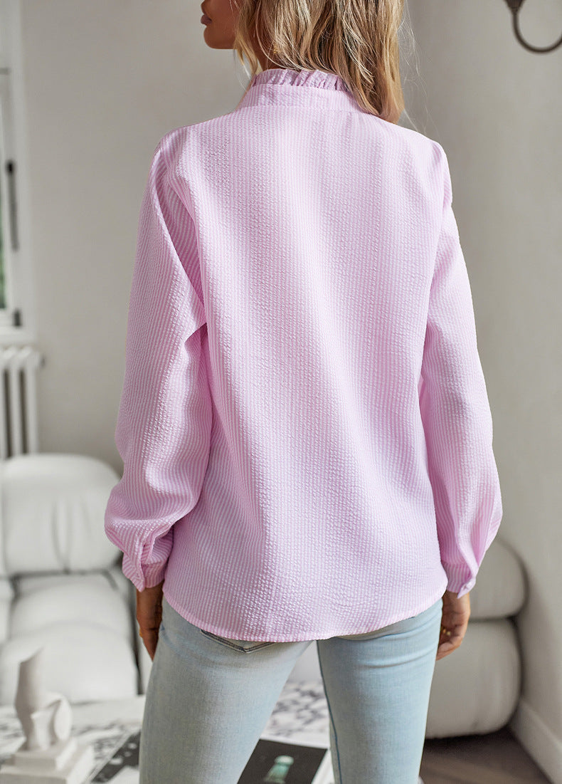 Elegant Striped Ruffle Button-Up Shirt for Women