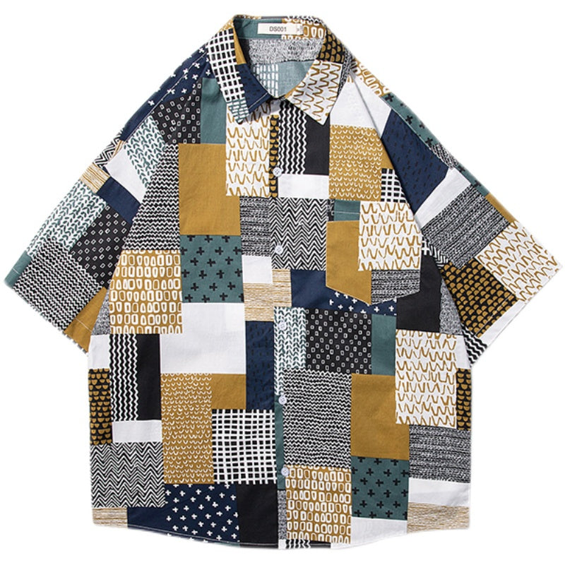 Hong Kong Style Japanese Irregular Plaid Shirt Short Sleeve Loose Jacket