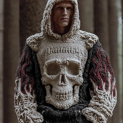 Dark Edgy Printed Pullover Hoodie With A Retro Chunky-knit Sweater