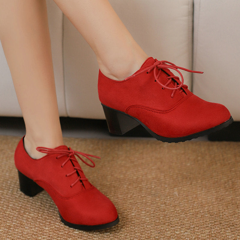 Women Deep V Round Toe Chunky Heel Lace Up Shoes Matte Finish Pumps
