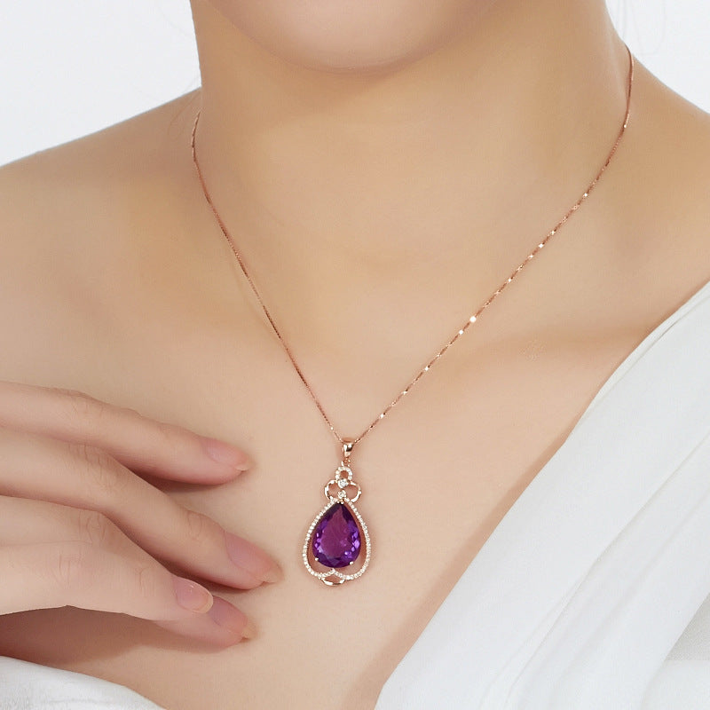 Ear Hook Purple Gemstone Diamond Ring Rose Gold Collarbone Necklace Set