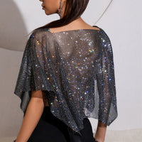 Women's Fashion Rhinestone Drop Shoulder Short Sleeve Square Collar T-shirt