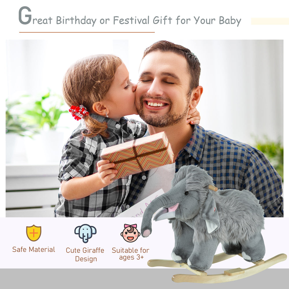 Kids Ride-On Rocking Horse Toy Mammoth Style Rocker with Fun Music & Soft Plush Fabric for Children 3+ Years