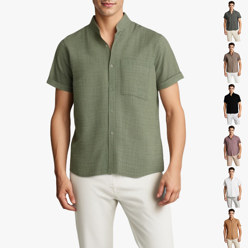 Solid-color Short-sleeved Lapel Shirt Summer Breathable Cotton And Linen