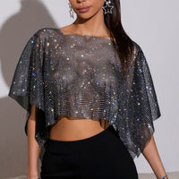 Women's Fashion Rhinestone Drop Shoulder Short Sleeve Square Collar T-shirt