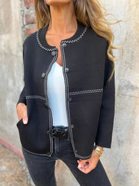 Ins Black-striped Button Cardigan Fashion Sweater Loose Round Neck Long Sleeve Cropped Tops Women's Clothing