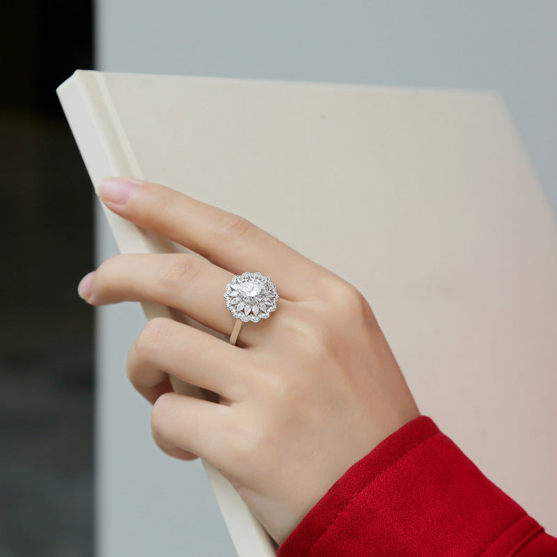Women S925 Silver Moissanite Ring Flower Design Adjustable Fashion
