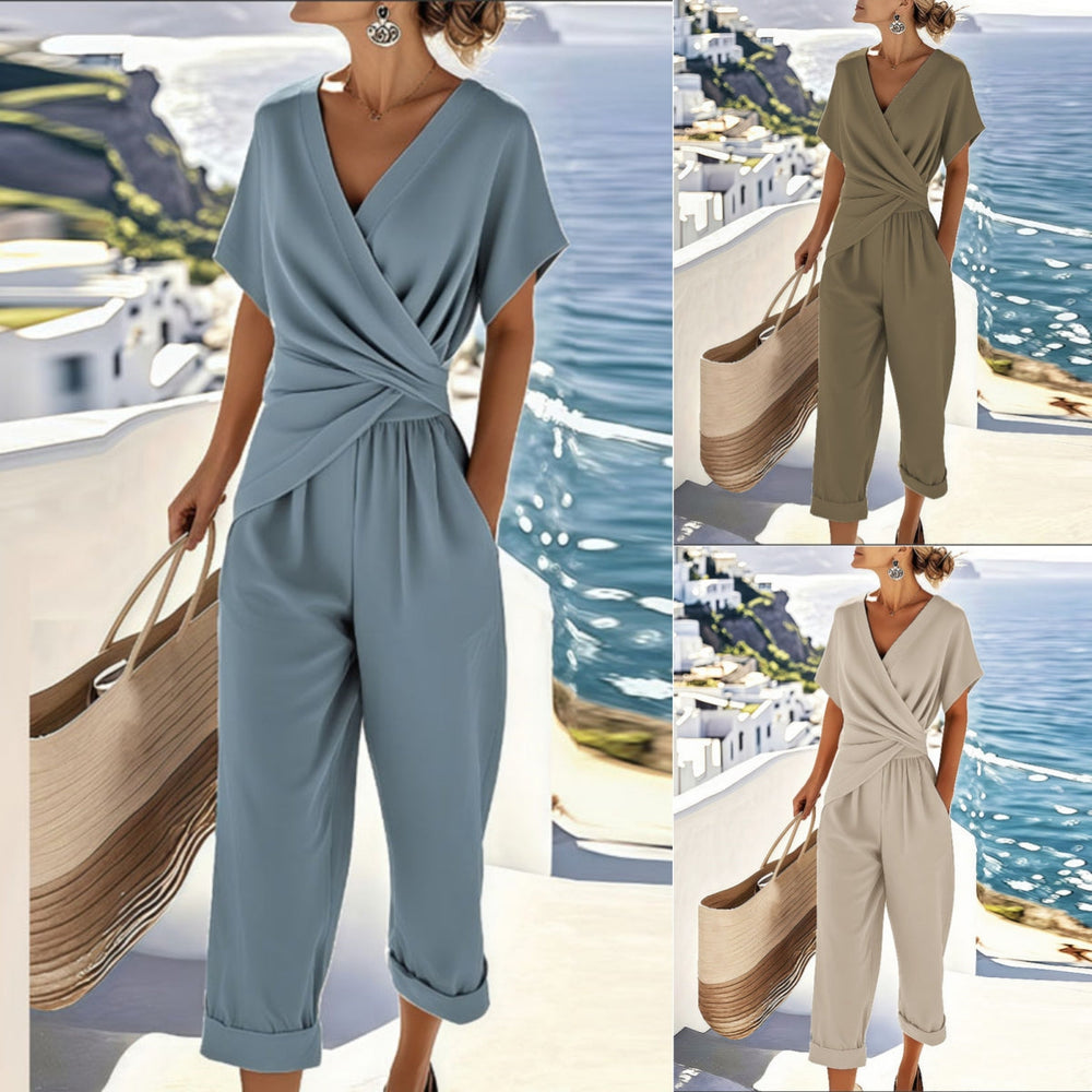 Women's Solid Color Two-Piece Summer Suit – V-Neck Top & Pants