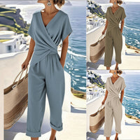 Women's Solid Color Two-Piece Summer Suit – V-Neck Top & Pants