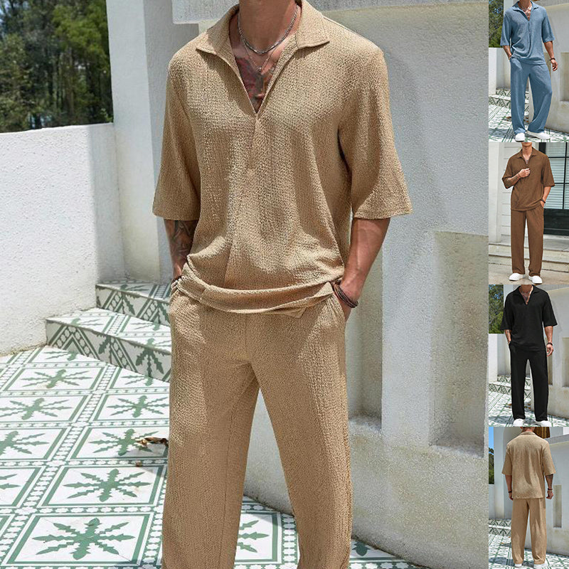 Men's Summer 2 Piece Suit Short Sleeve Top & Straight Trousers
