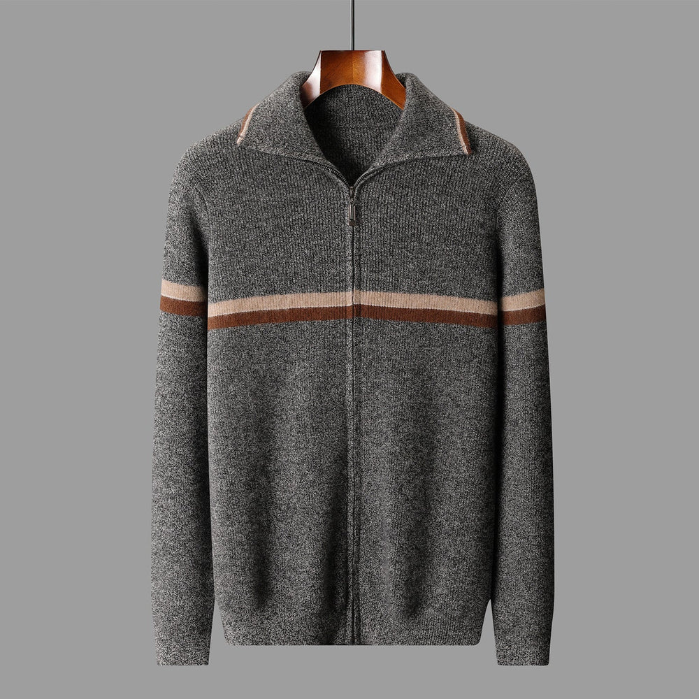 Mens High-Neck Ingot-Clasp Cardigan Sweater With Horizontal Stripes And Zipper Closure