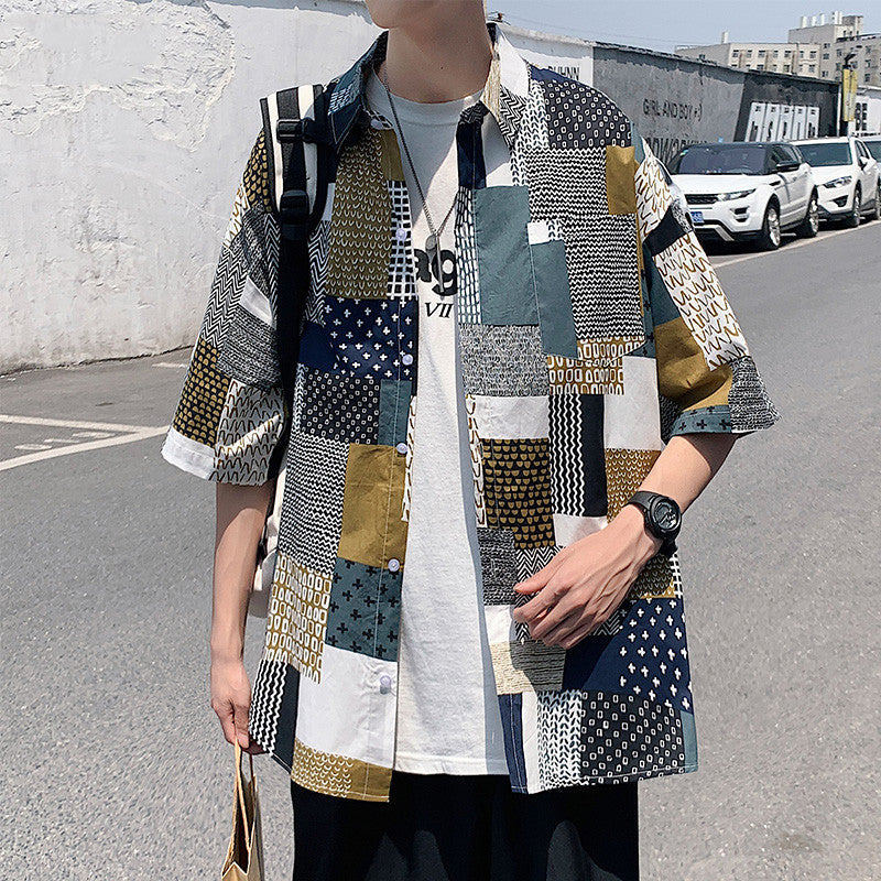 Hong Kong Style Japanese Irregular Plaid Shirt Short Sleeve Loose Jacket