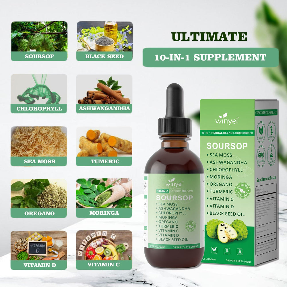 Soursop Drops 10-in-1 With Seaweed, Moringa, Black Seed Oil, Oregano, Ashwagandha, Chlorophyll  Herbal Extracts Promote Overall Health  Vegan 2 Fl Oz