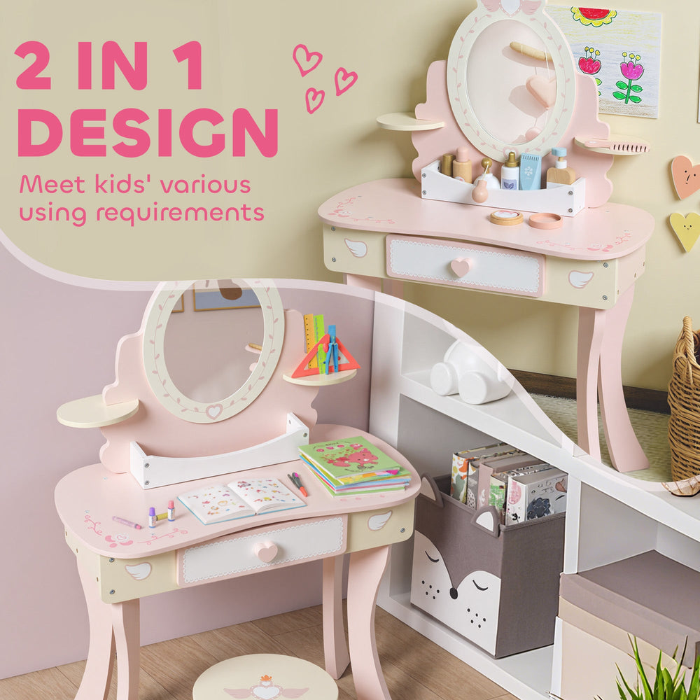 Kids Dressing Table, Girls Vanity Set With Mirror And Stool, 7 Play Accessories, Drawer, Desktop Storage, Pink