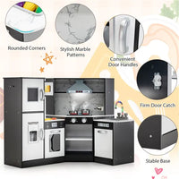 Interactive Kids Play Kitchen With Ice Maker & Chalkboard, Corner Design Pretend Cooking Set With Realistic Sound Effects-Coffee