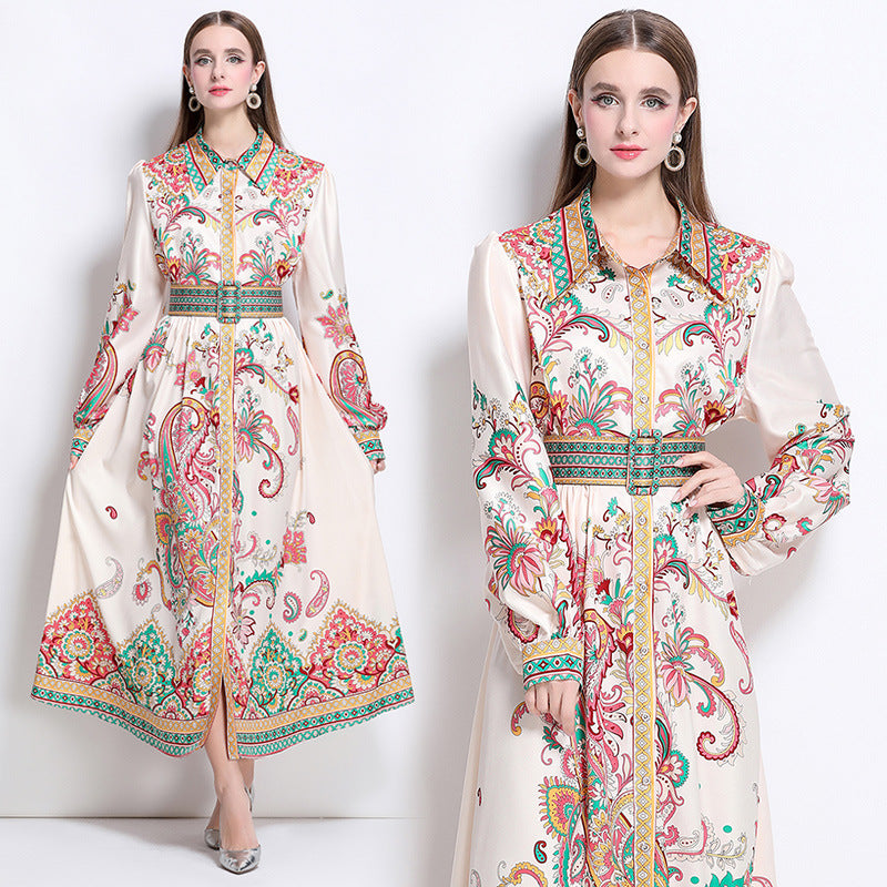 Notch-collar Single-breasted Floral-print Dress