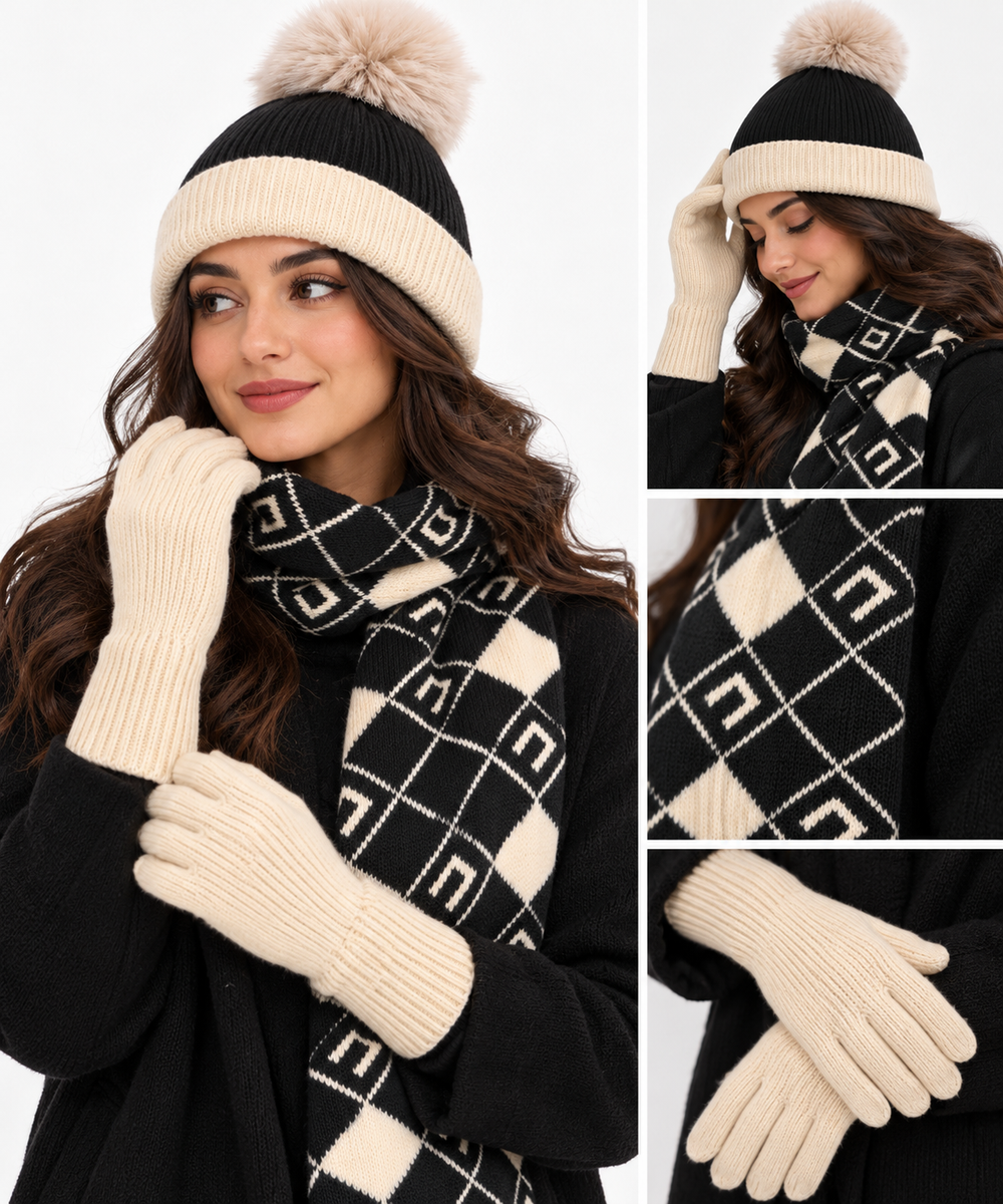 Ladies Winter Hat Scarf & Gloves 3 Piece Matching Set ( Free Delivery 3-5 days For UK Only)