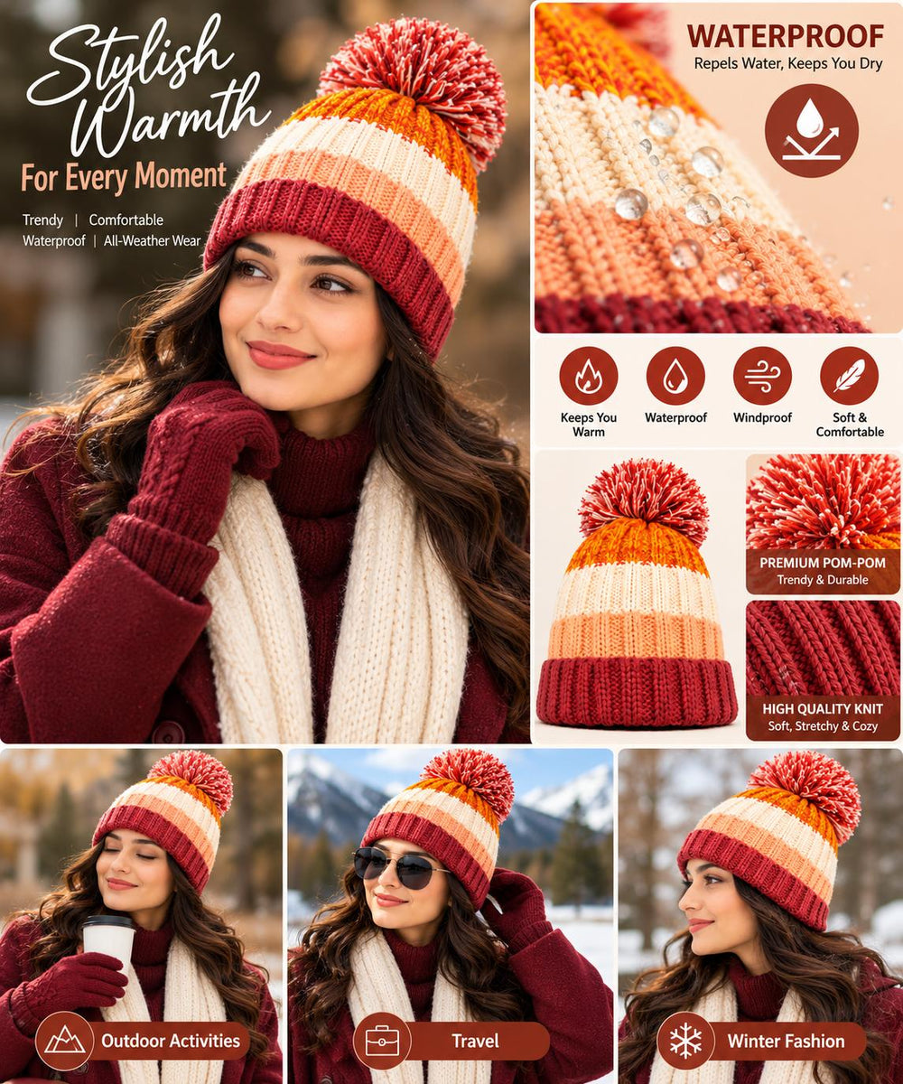 Women's  Waterproof Striped Knit Winter Beanie  (Delivery 3-5 Days Only For UK)