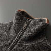 Mens High-Neck Ingot-Clasp Cardigan Sweater With Horizontal Stripes And Zipper Closure