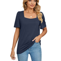 Solid-color Square-neck Short-sleeve Loose-fit T-shirt Knitted Top