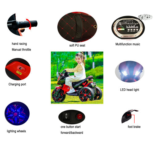 Kids Motorcycle Ride-On Motorcycle 3-Wheels Battery Powered Motorbike Rechargeable 12 V Kids Ride On Toy With PU Seat Training Wheels Manual Throttle Drive By Hand Lighting Wheels