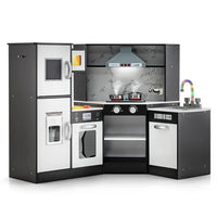 Interactive Kids Play Kitchen With Ice Maker & Chalkboard, Corner Design Pretend Cooking Set With Realistic Sound Effects-Coffee