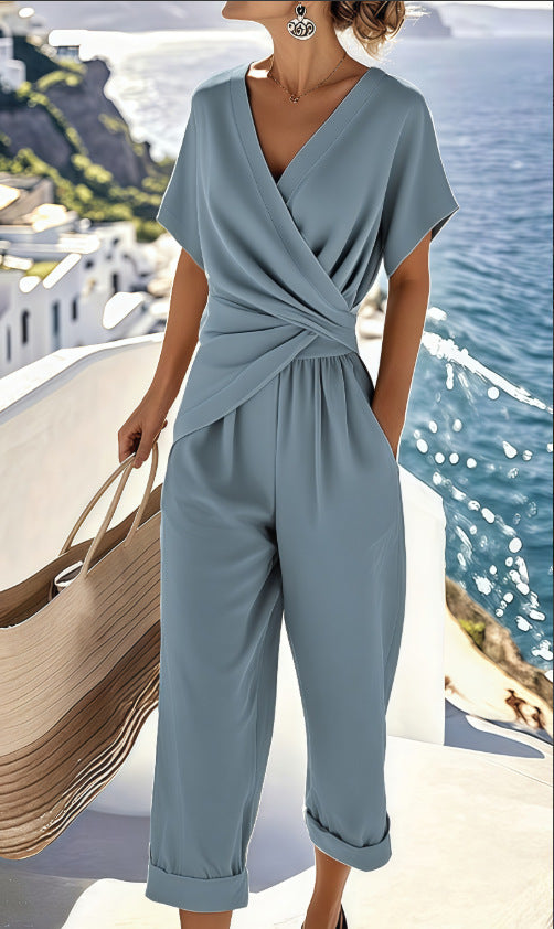 Women's Solid Color Two-Piece Summer Suit – V-Neck Top & Pants
