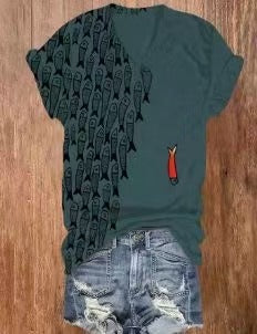 Womens Printed V-Neck Short-Sleeve Top