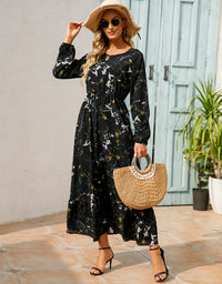 Womens Versatile Round-neck Floral Chiffon Dress