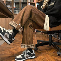 Plaid-cuffed Straight-leg Loose-fit Vintage Mens Casual Trousers