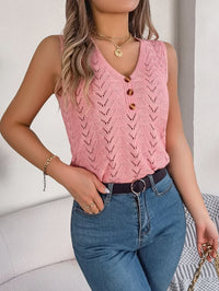 Buttoned V-neck Hollow-out Sleeveless Top