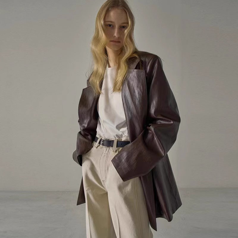 Women's Loose Mid-length Niche Suit Leather Coat
