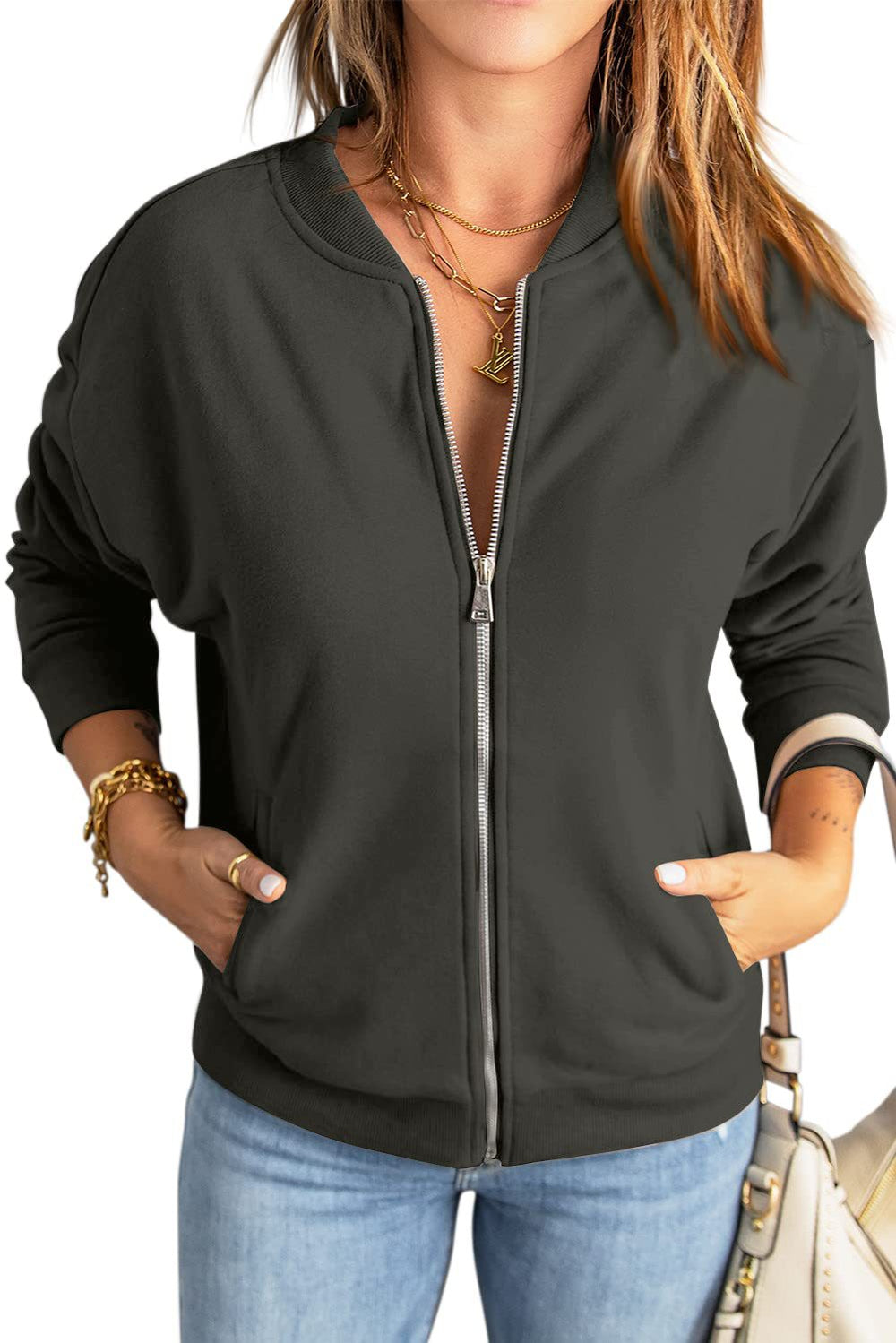 Women's Fashion Solid Color Zipper Jacket Coat
