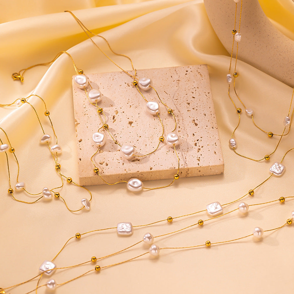 Niche Design Double-Layer Pearl Clavicle Vintage French-Style Artificial Pearl Titanium Steel Necklace