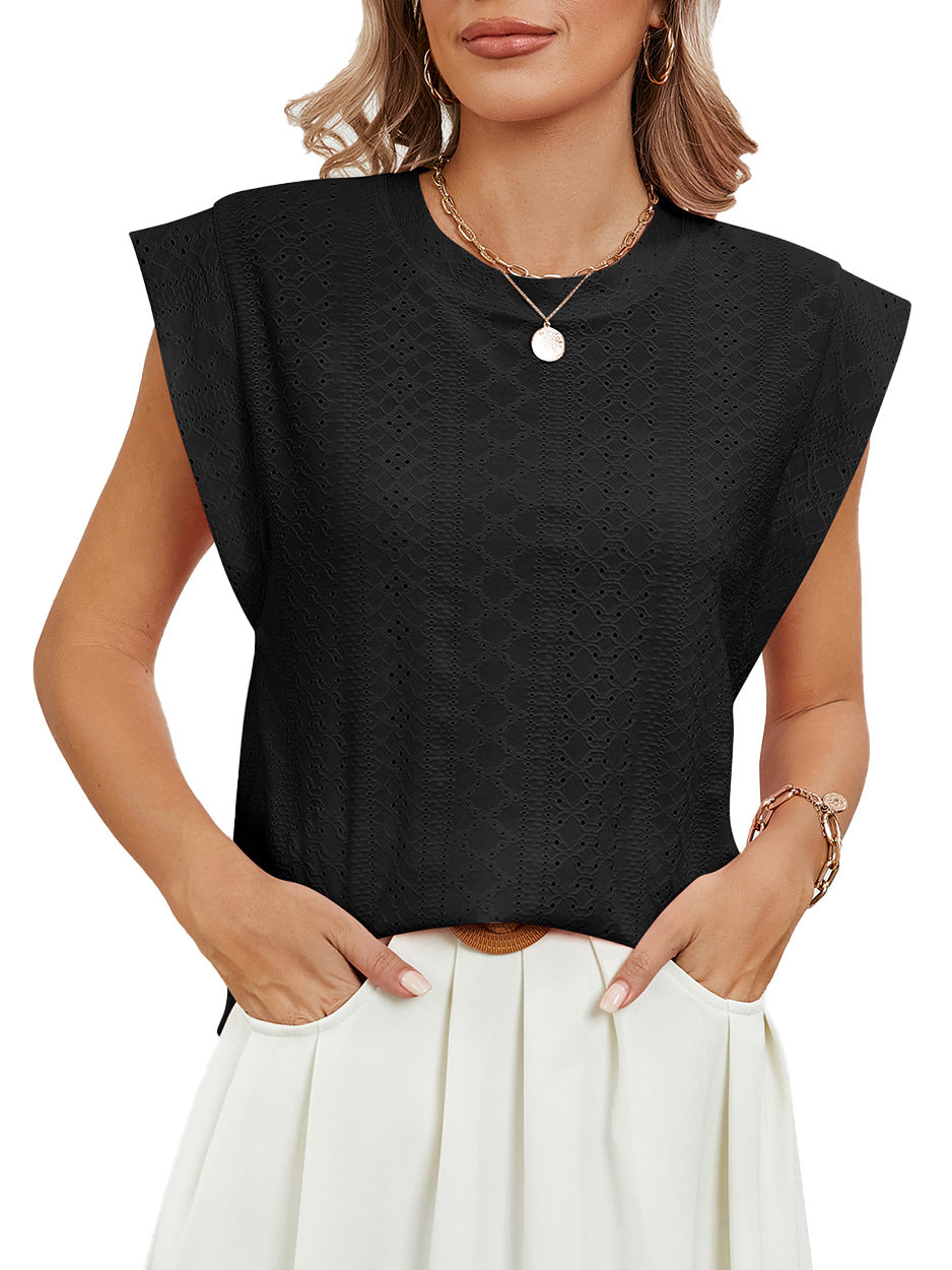 Summer Hollow Short-sleeved T-shirt Vest Fashion Solid Color Loose Round Neck Top For Womens Clothing